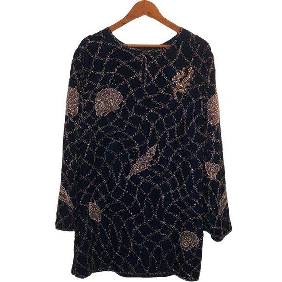 Vintage HARRISON MORGAN Sz 1X Women's Navy Silver Pearl Beaded Seashells Blouse - Picture 8 of 10